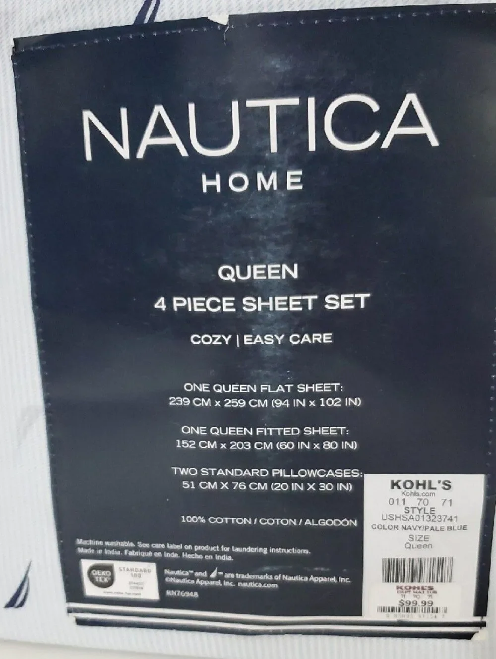 Nautica Queen White Pale Blue Sheet Set with Navy Sail Motif NWT